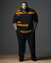 Men's Plus Size Gentleman Colorblock Zipper Polo Shirt and Pants Set