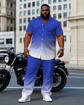 Men's Plus Size Simple Blue Gradient Short Sleeve Shirt Trousers Suit