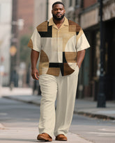 Men's Plus Size Simple Khaki Brown Color Block Print Short Sleeve Shirt Trousers Suit