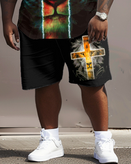 Men's Plus Size Cross Faith Lion T-Shirt Shorts Suit