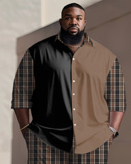 Patchwork Plaid Long-sleeved Lapel Shirt 2-piece Set Men's Plus Size