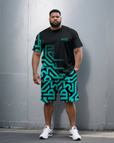 Men's Plus Size Black Fashion Maze Geometric Pattern Chest Small Label Printed Round Neck Short Sleeve T-Shirt Shorts Suit