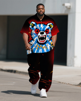Men's Big Size Fashion Anime Angry Bear Gradient Casual 2-Piece Short Sleeve Shirt Pants Set