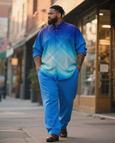 Big & Tall Men's Business Gradient Blue Check Print Long Sleeve Shirt Trousers Suit