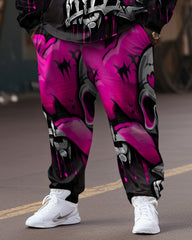 Men's Large Size Pink Heart Skull Hoodie Two Piece Set