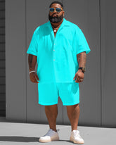 Big Men's Fluorescent Aqua Blue Solid Color Short Sleeve Shirt Shorts Set