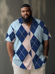 Men's Big & Tall Casual Blue Diamond Check Short Sleeve Shirt