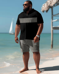 Men's Plus Size Casual Simple Stitching Plaid Print Polo Shorts Set