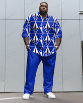 Geometric Triangle Textured Long Sleeve Leverage Shirt 2 Piece Set Men's Plus Size