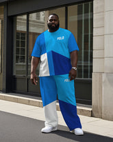 Men's Street Fashion Color Block POLO Letter Printed Big and Tall Casual Short Sleeve T-shirt Pants Set