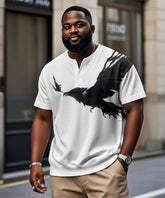 Big & Tall Men's Black And White Eagle Print Henry Collar Button Short Sleeve Tee