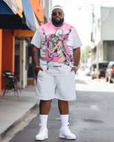 Big & Tall Guy's Personalized Skull Beauty Color Big & Tall Contrasting Shorts Printed Short-Sleeved Set