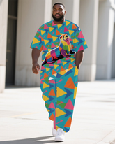 Big Men's Animal Cartoon Triangle Seal Printed Summer Short Sleeve T-shirt Pants Set