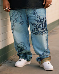 Plus Size Men's Crow Clown Print T-Shirt Personalized Graffiti Pants Denim Suit
