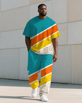 Men's Plus Size Blue And Yellow Color Block Geometric Print T-shirt Trousers Suit
