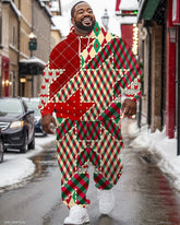 Men's Christmas Colorblock Red Plaid Print Plus Size Hoodie Suit