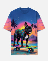 Big Men's Fashion Cartoon Sunset Pug with Skateboard Printed Short Sleeve T-shirt