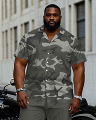 Men's Plus Size Gray Fashion Camouflage Short Sleeve Shirt Trousers Suit