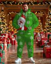 Men's Christmas Green Snowflake Santa Print Big and Tall Hoodie Set