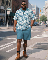 Big & Tall Men's Business Hawaiian Hasahi Leaf Printed Short Sleeve Polo Shirt Shorts Suit