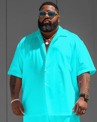 Big Men's Fluorescent Aqua Blue Solid Color Short Sleeve Shirt Shorts Set