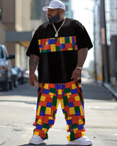 Men's Large Street Casual Building Blocks Patchwork Printed T-Shirt Trousers Suit