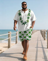 Men's Plus Size Hawaiian Coconut Leaf Necklace Printed Henry Collar Short Sleeve T-Shirt Shorts Suit