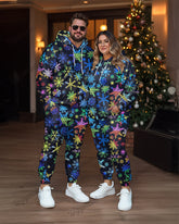 Couple Fashion Casual Plus Size Christmas Colorful Snowflake Hoodie Suit
