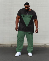 Men's Plus Size Casual Black & Green Geometric "Respect" Slogan Short Sleeve T-Shirt Trousers Suit