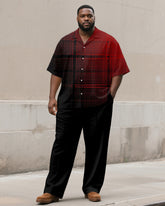 Men's Plus Size Black And Red Check Line Print Short Sleeve Shirt Trousers Suit