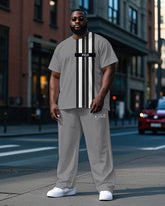 Big and Tall Men's Simple Double Stripe POLO Letter Printed Active Short Sleeve T-shirt Pants Set