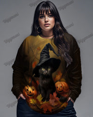 Witch Black Cat Pumpkin Print Big and Tall Women's Long Sleeve Top