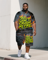 Men's Casual Jail Theme Letter in Fire Printed Relaxed Short-Sleeve Polo Shirt & Shorts Set