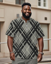 Men's Plus Size Daily Casual Grey Diamond Plaid Print Henley Collar Button Short Sleeve T-Shirt