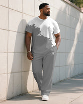 Men's Plus Size Grey & White Distinctive Graffiti Top Small Label Printed Short-Sleeved T-Shirt Trousers Suit