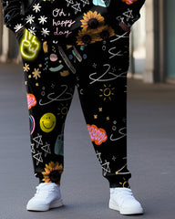 Men's Large Size Illustration Graffiti Hoodie Two Piece Set