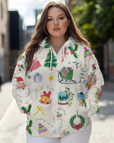 Women's Plus Christmas Pattern Print Long-sleeved Zipper Hoodie