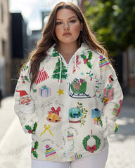 Women's Plus Christmas Pattern Print Long-sleeved Zipper Hoodie