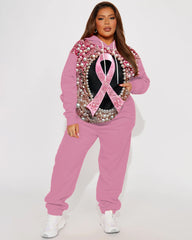 Women's Plus Size Breast Cancer Pearl Print Hoodie Suit