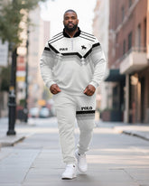 Big & Tall Men's Black And Gray Contrast Printed POLO Collar Zipper Long Sleeve Pants Two-piece Set