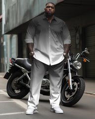 Simple Dark Gray Gradient Long Sleeve Lapel Shirt 2 Piece Set Men's Plus Size