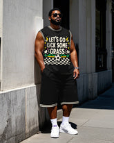 Men's Big Size Funny Saying Cartoon Football Printed Round Neck Basketball Vest and Shorts Set