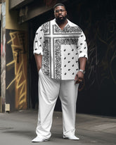 Men's Plus Size Street Fashion White Vintage Cashew Pattern Long Sleeve Shirt Trousers Suit