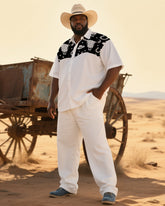 Big Men's Western Theme Ethnic Cartoon Cow Printed Short-Sleeve Shirt Pants Sets