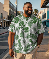Men's Plus Size Hawaiian Green Leaf Floral Print Henley Collar Button Short Sleeve Tee