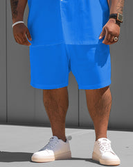 Big Men's Simple Blue Solid Color Short Sleeve Shirt Shorts Set