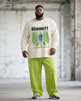 Big & Tall Men's Green Graffiti Letter Print Long Sleeve T-Shirt Trousers Suit