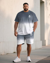 Big & Tall Men Fog Grey & White Gradient Contrast Color Chest Small Label Printing Crewneck Short Sleeve T-shirt Shorts Suit