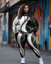Women's Plus Size 2 Piece Tracksuit Wavy Stripes Hoodie and Pants Set