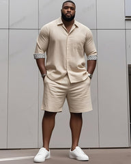 Men's plus-size casual daily long-sleeved shirt and shorts suit